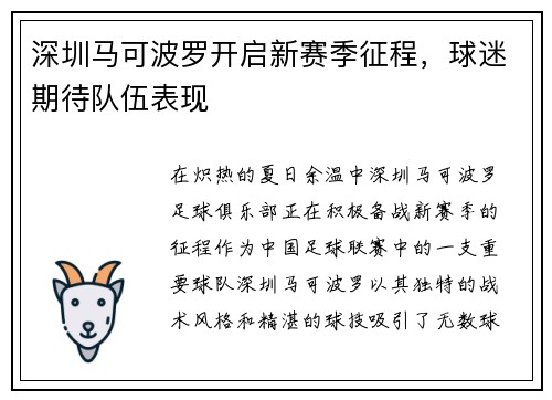 深圳马可波罗开启新赛季征程，球迷期待队伍表现